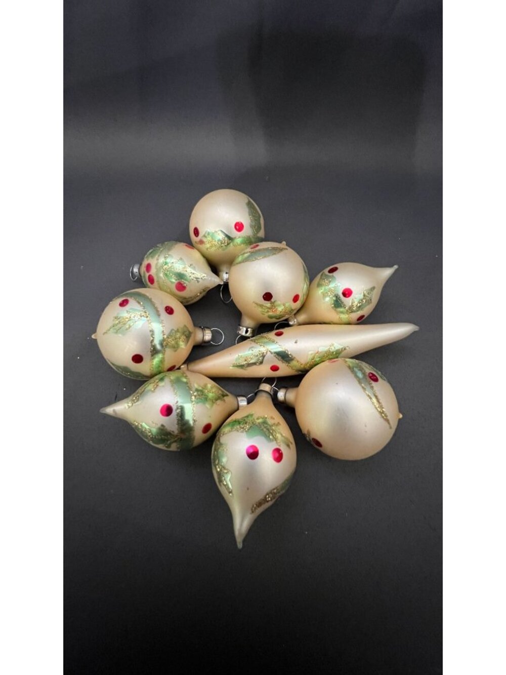 Vintage Hand-Painted Christmas Glass Ornaments Set Of 9 Pear & Round Shapes With